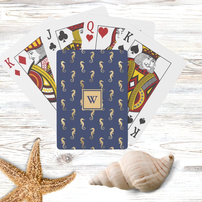 Elegant Navy and Gold Seahorses with Initial Poker Cards (Creator Uploaded)