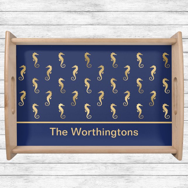 Elegant Navy and Gold Seahorses with Initial Serving Tray (Creator Uploaded)