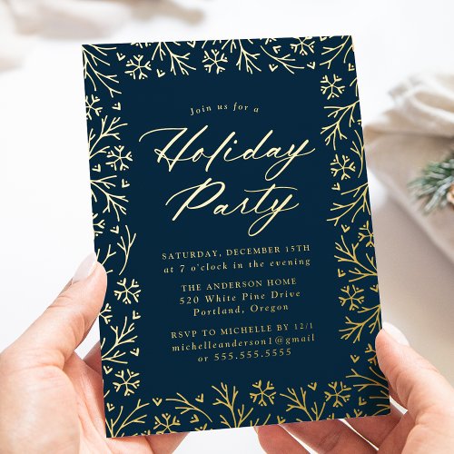 Elegant Navy and Gold Snowflake Holiday Party Foil Invitation