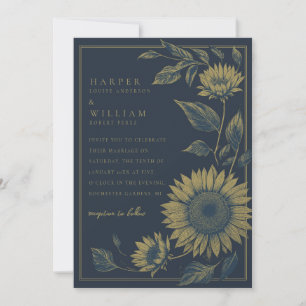 Elegant Navy and Gold Sunflower wedding Invitation