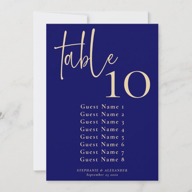 Elegant Navy and Gold Table Number & Seating Chart (Front)