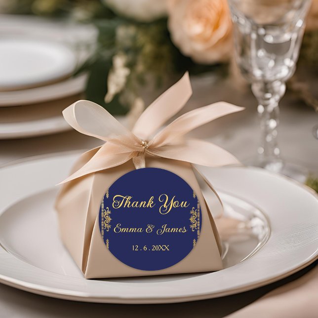 Elegant Navy  and Gold Thank You Wedding Favor  Classic Round Sticker (Creator Uploaded)
