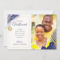 Elegant Navy and Gold Tropical Christmas Photo Holiday Card