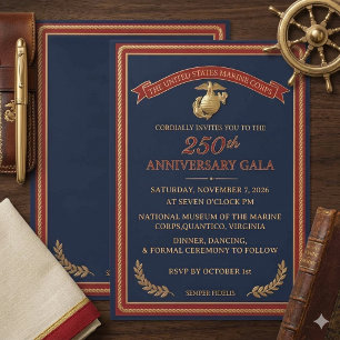 Elegant Navy and Gold USMC 250th Anniversary Gala Invitation
