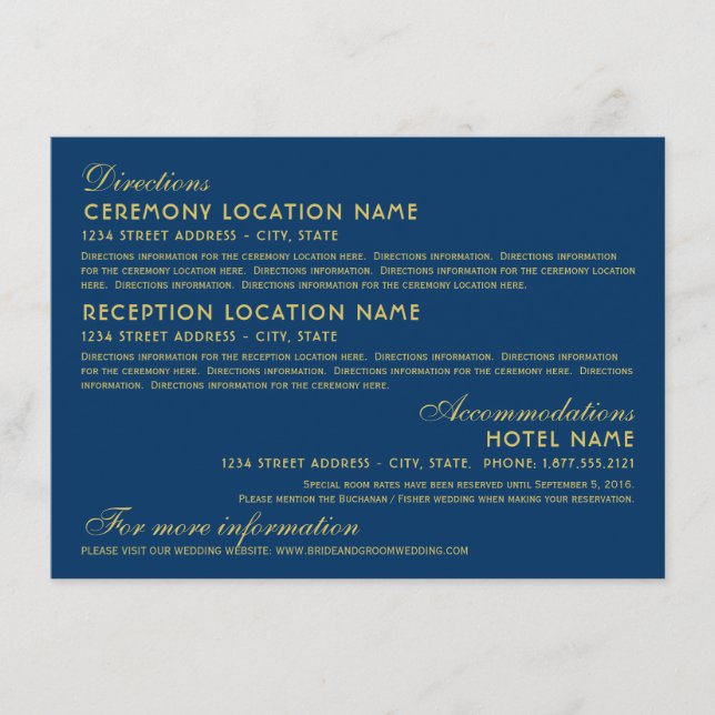 Elegant Navy and Gold Wedding Directions Enclosure Card (Front)
