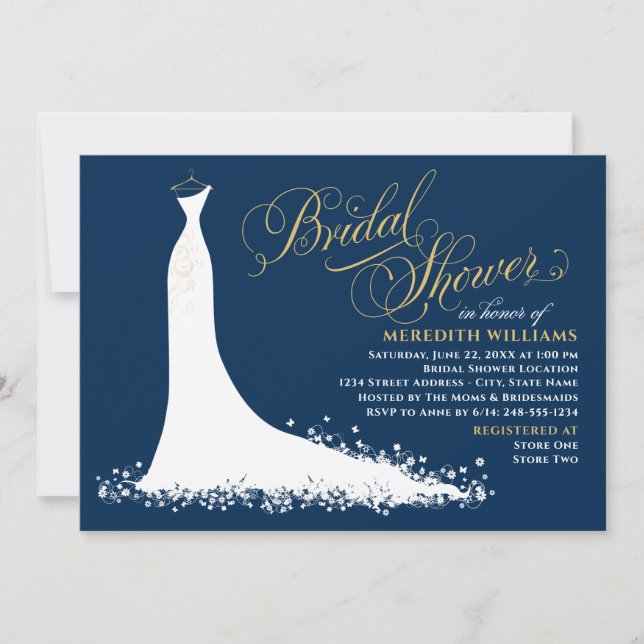 Elegant Navy and Gold Wedding Gown Bridal Shower Invitation (Front)