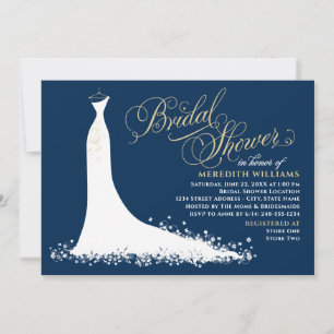 Elegant Navy and Gold Wedding Gown Bridal Shower Invitation