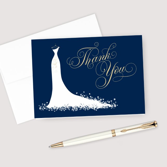 Elegant Navy and Gold Wedding Gown Bridal Shower Thank You Card