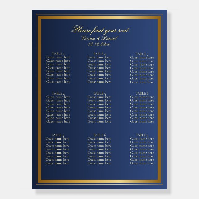 Elegant Navy and Gold Wedding Seating Chart Foam Board (Front)