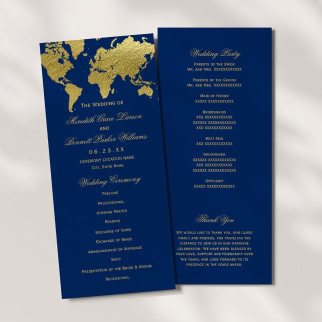 Elegant Navy and Gold World Map Wedding Ceremony Program (Creator Uploaded)
