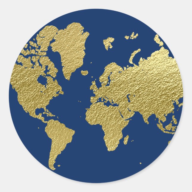 Elegant Navy and Gold World Map Wedding Classic Round Sticker (Front)