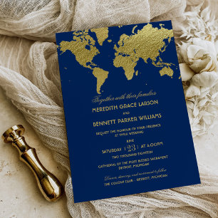 Elegant Navy and Gold World Map Wedding Invitation