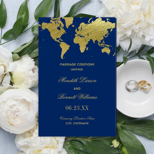 Elegant Navy and Gold World Map Wedding Programs