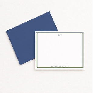 Elegant Navy and Green Border Monogram note card