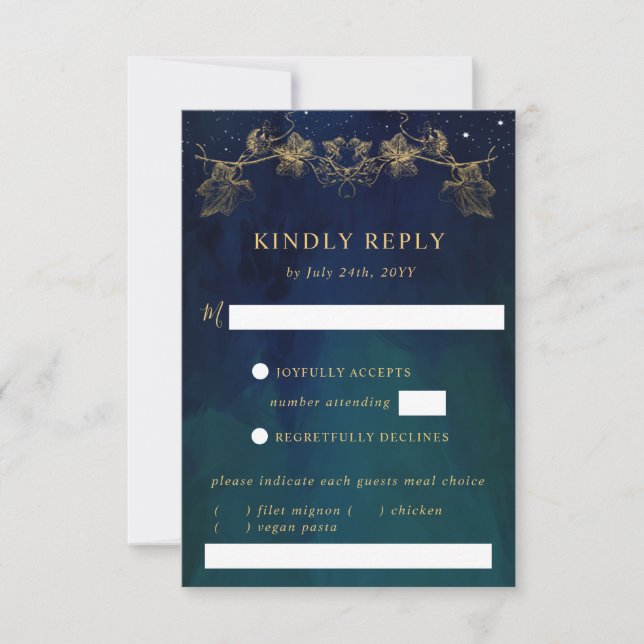 Elegant  Navy and Green Celestial RSVP with Meals Card (Front)