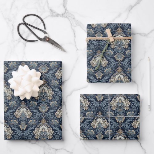 Elegant navy and ivory damask jacquard pattern wrapping paper sheets