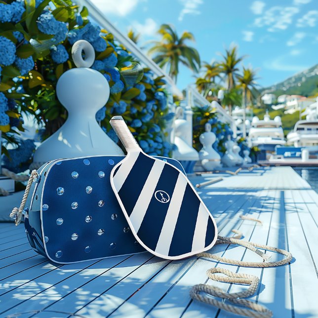 Elegant Navy and Light Blue Striped Nautical  Pickleball Paddle (Nautical Navy and Light Blue Striped Pickleball Paddle)
