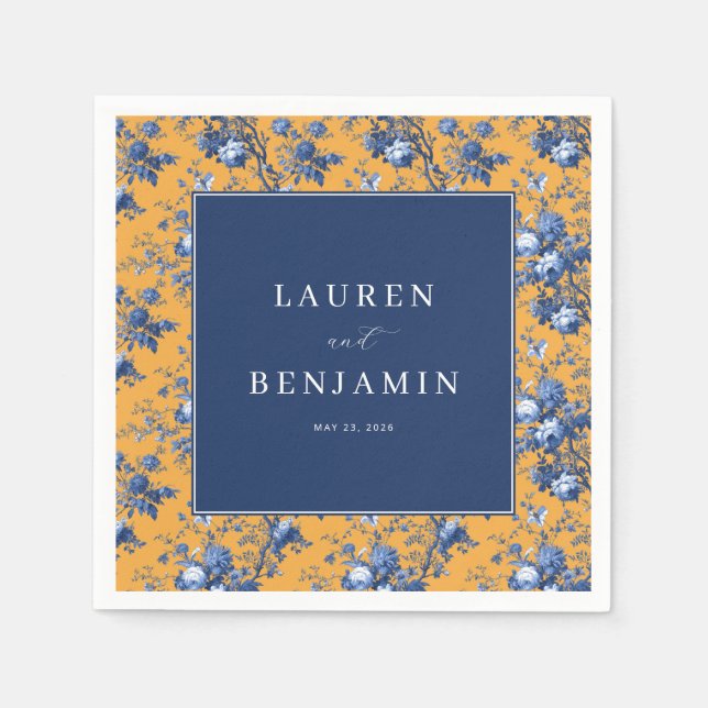 Elegant Navy and Orange Floral Napkins (Front)