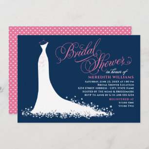 Elegant Navy and Pink Wedding Gown Bridal Shower Invitation