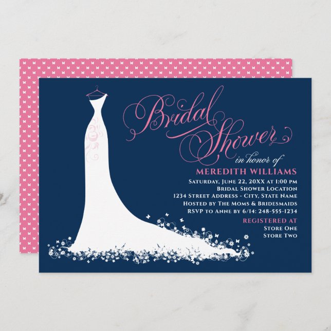 Elegant Navy and Pink Wedding Gown Bridal Shower Invitation (Front/Back)