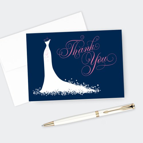 Elegant Navy and Pink Wedding Gown Bridal Shower Thank You Card