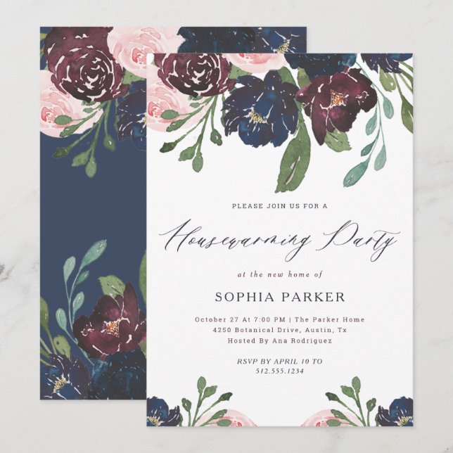Elegant Navy and Plum Floral | Housewarming Party Invitation (Front/Back)