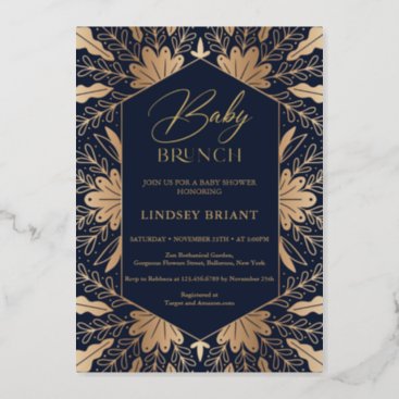 Elegant navy and real gold foil script baby brunch foil invitation