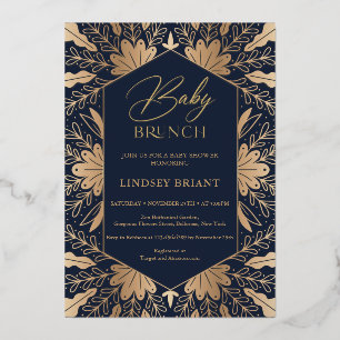 Elegant navy and real gold foil script baby brunch invitation