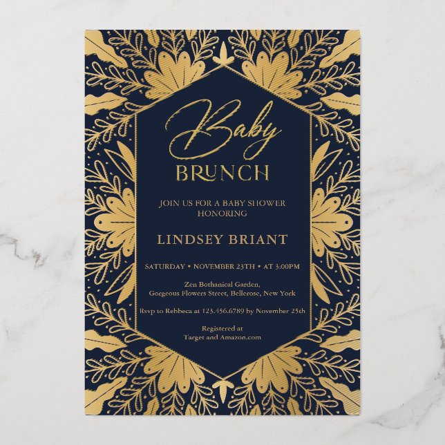 Elegant navy and real gold foil script baby brunch invitation (Front)