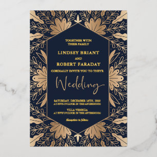 Elegant navy and real gold foil script lettering f foil invitation