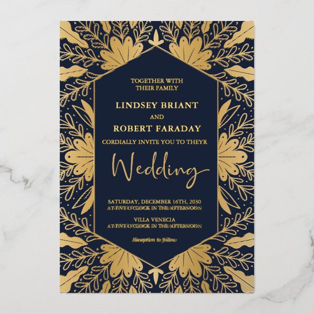 Elegant navy and real gold foil script lettering f foil invitation (Front)