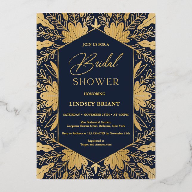 Elegant navy and real gold foil script lettering foil invitation (Front)