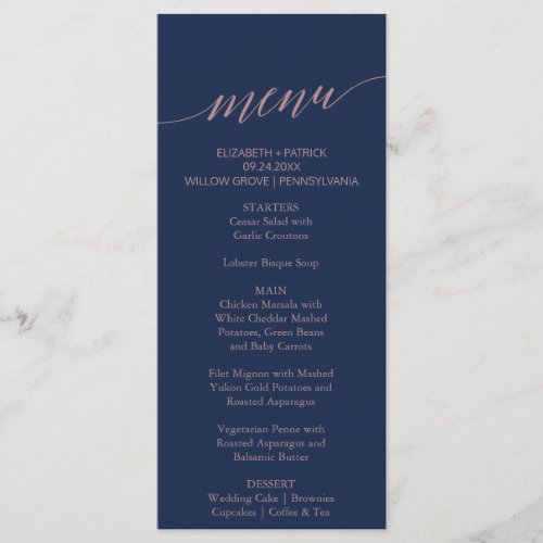 Elegant Navy and Rose Calligraphy Dinner Menu Card