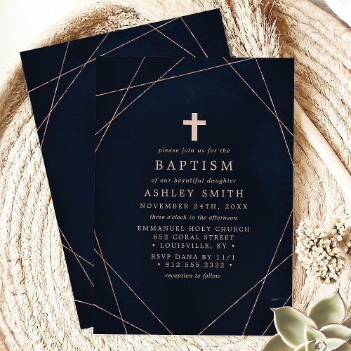 Elegant Navy And Rose Gold Cross Geometric Baptism Invitation