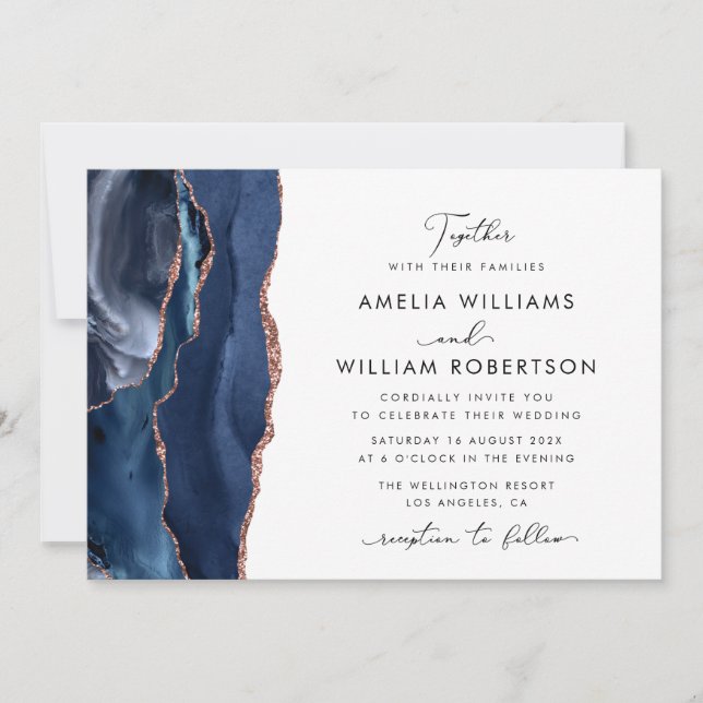 elegant navy and rose gold wedding invitation (Front)