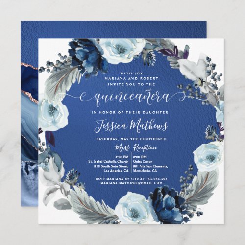 Elegant Navy and Royal Blue Quinceaera Floral  Invitation