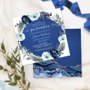 Elegant Navy and Royal Blue Quinceañera, Floral Invitation
