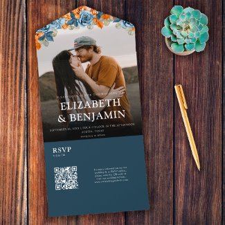 Elegant Navy And Rust QR Code RSVP Wedding