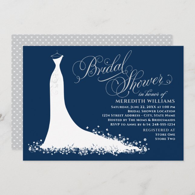 Elegant Navy and Silver Gown Bridal Shower Invitation (Front/Back)