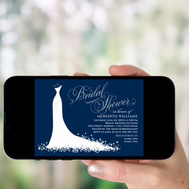 Elegant Navy and Silver Gown Bridal Shower Invitation (Front Digital)