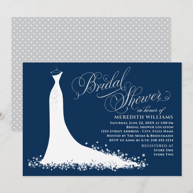 Elegant Navy and Silver Gown Bridal Shower Invitation (Front/Back)