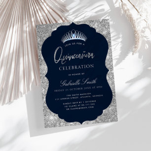 Elegant navy and silver Quinceanera invitation