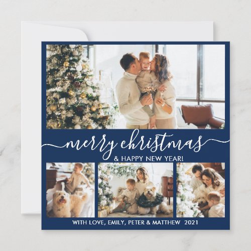 Elegant Navy and White 4 Photo Collage Christmas Holiday Card