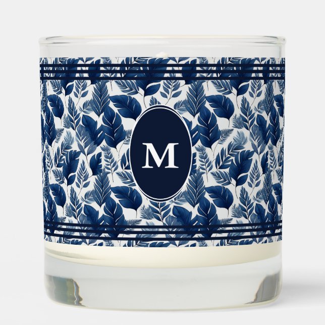Elegant Navy And White Botanical Scented Candle (Front)