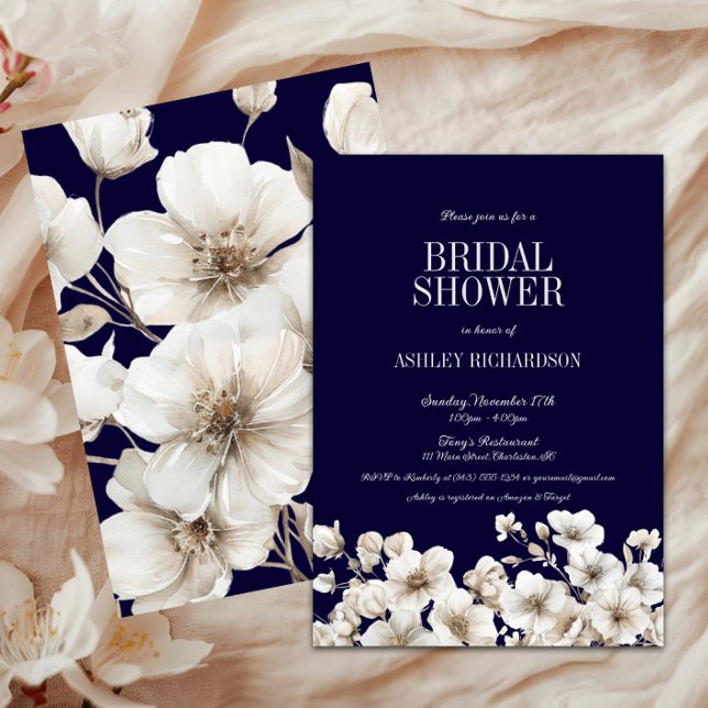 Elegant Navy and White Floral Bridal Shower Invitation (Navy & White Floral Love in Bloom Bridal Shower Invitation, Winter Flowers, Fall Autumn, Christmas)