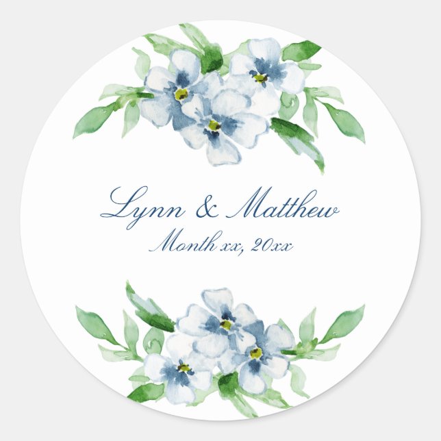 Elegant Navy and White Floral Wedding Classic Round Sticker (Front)