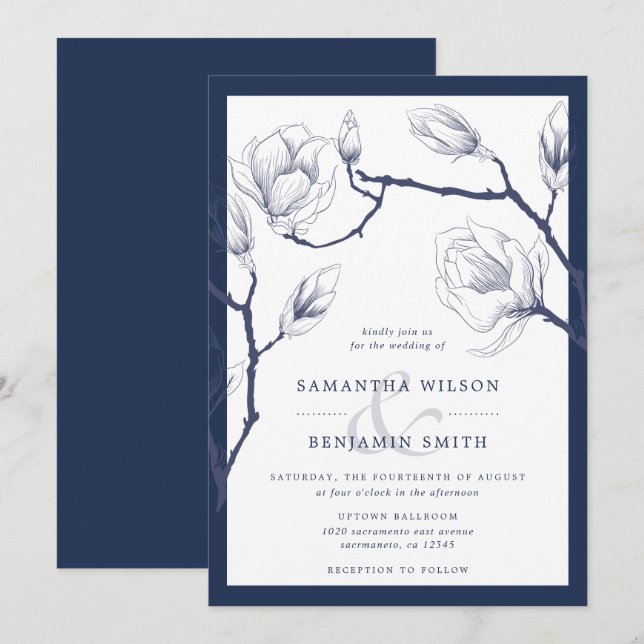 Elegant Navy And White Floral Wedding Invitation (Front/Back)