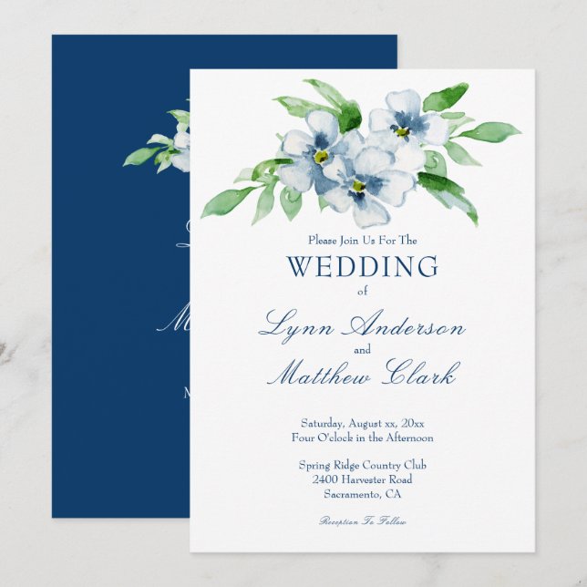 Elegant Navy and White Floral Wedding Invitation (Front/Back)