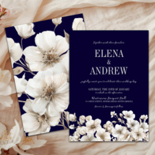 Elegant Navy and White Floral Wedding Invitation