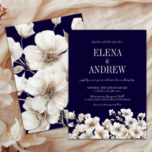Elegant Navy and White Floral Wedding Invitation (Elegant Navy & White Floral Wedding Invitation, Winter Wedding, Fall Autumn Flowers, Love in Bloom)
